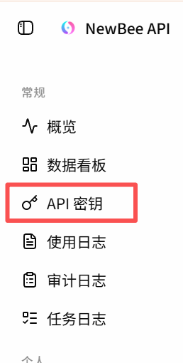 NewBeeAPI 左侧导航中的 API 密钥入口